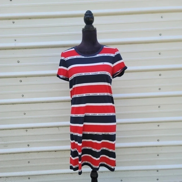 TOMMY HILFIGER Women Navy Red Stripes T-Shirt Dress Short Sleeve Size S - Picture 1 of 10